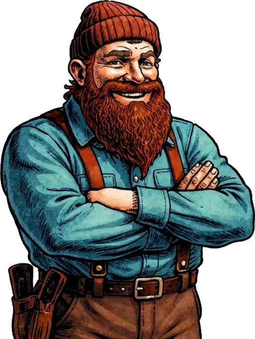 Jed Grain, brand character for Willamette Craftworks crossing his arms and looking confident as-ever